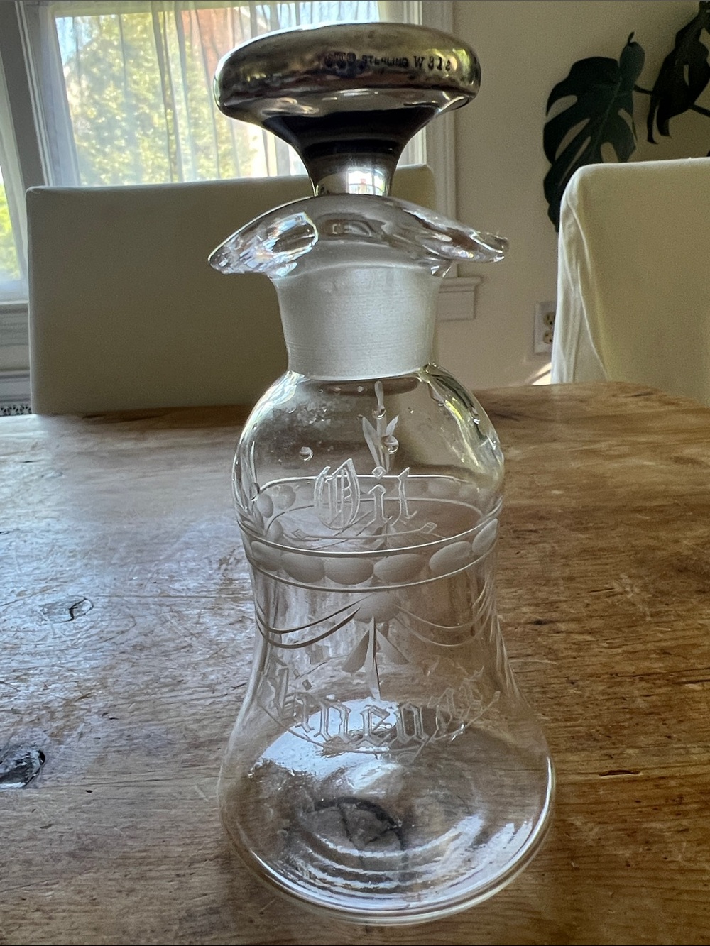 British Victorian Sterling Top Etched Glass Oil Vinegar Cruet Bottle